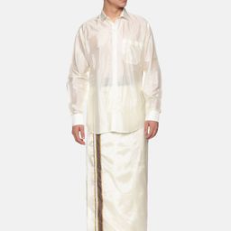 Sethukrishna Men Cream-Coloured & Green Shirt with Dhoti Set-picture-21