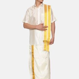Sethukrishna Men Cream-Coloured & White Shirt with Dhoti Pants-picture-15
