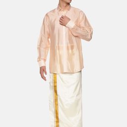 Sethukrishna Men Peach-Coloured & White Shirt with Dhoti Set-picture-44