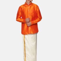 Sethukrishna Men Orange & White Pure Cotton Shirt with Dhoti-picture-8