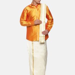 Sethukrishna Men Yellow & White Pure Cotton Shirt with Dhoti Pants-picture-18