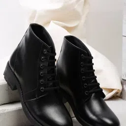 Teakwood Leathers Women Black Solid Leather Mid-Top Flat Boots-picture-31