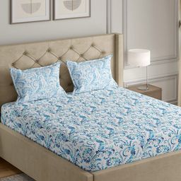 GM White & Blue Printed Cotton 140 TC Queen Bedsheet with 2 Pillow Covers-picture-0