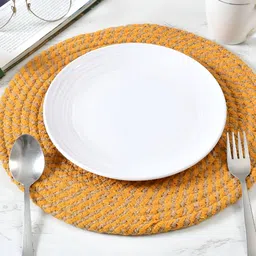 HOMADORN Brown & Yellow 2 Pieces Braided Cotton Round Reversible Table Placemats-image-88
