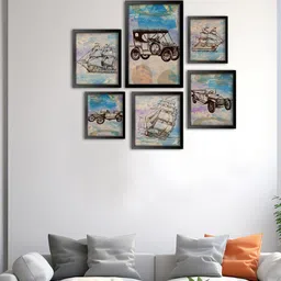 999Store Beige & Blue 6 Pieces Vintage Car With Ship Modern Painted Wall Arts-picture-37