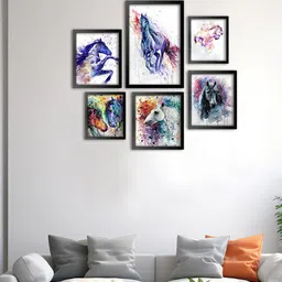 999Store White & Blue 6 Pieces Running Horse Abstract Effect Modern Painted Wall Arts-picture-30