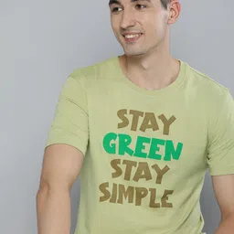 HERE&NOW Men Olive Green Typography Printed Pure Cotton T-shirt-picture-14