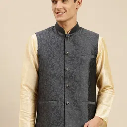 here&now x sanwara Sanwara Men Grey Printed Art Silk Ethnic Nehru Jackets image 2