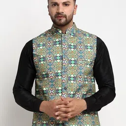 Benstoke Men Green Printed Woven Nehru Jacket-picture-15