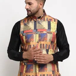 Benstoke Men Beige & Brown Printed Woven Nehru Jacket-picture-39