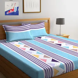 KLOTTHE Blue & Grey Geometric 210 TC 2 King Bedsheets with 4 Pillow Covers image 1