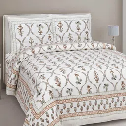 INDHOME LIFE Cream-Coloured Floral 220 TC Cotton King Bedsheet with 2 Pillow Covers-picture-12