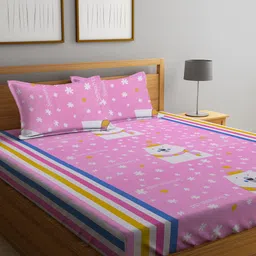 KLOTTHE Pink & White Cotton 300 TC King Bedsheet with 2 Pillow Covers image 1