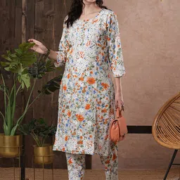 ADA Floral Printed Round Neck Regular Lucknowi Chikankari Kurta with Trousers image 1