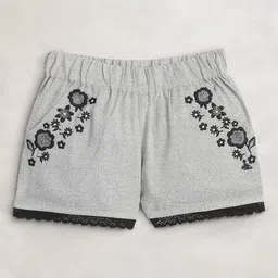 Cherry Crumble Girls Grey Cotton Floral Embroidered Shorts image 1