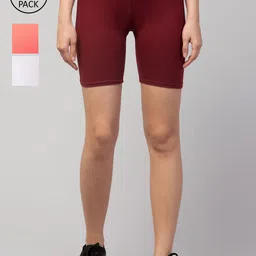 Apraa & Parma Pack Of 3 Women Maroon Slim Fit Pure Cotton Cycling Sports Shorts-picture-14
