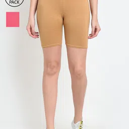 GRACIT Women Pack Of 2 Beige Super Combed Lycra Cycling Sports Shorts image 1