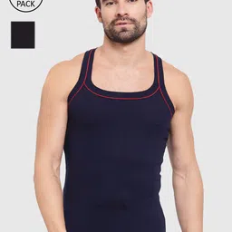 SPORTO Men Pack Of 2 Black & Navy Blue Solid Cotton Innerwear Gym Vests-picture-37