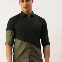 Campus Sutra Men Black & Olive Green Regular Fit Cotton Colourblocked Casual Shirt-image-36