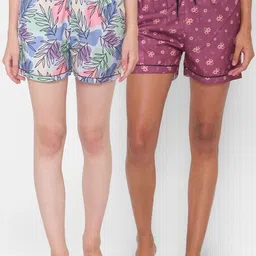 FashionRack Women Pack Of 2 Blue & Magenta Printed Lounge Shorts image 1