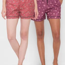 FashionRack Women Brown & Purple Set Of 2 Printed Lounge Shorts image 1