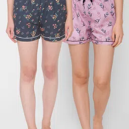 FashionRack Women Navy Blue & Pink Set of 2 Printed Lounge Shorts image 1