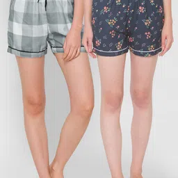 FashionRack Women Navy Blue & Grey Set of 2 Printed Lounge Shorts image 1