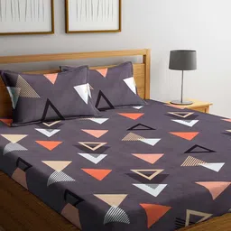 Home Sizzler Grey & Peach-Coloured Geometric 210 TC King Bedsheet with 2 Pillow Covers-image-20
