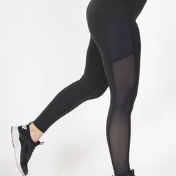 FITLETHICS Women Black Solid High-Rise Mesh Pocket Tights image 3