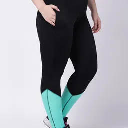 STUDIOACTIV Women Plus Size Black & Turquoise Blue Colourblocked Training Tights image 3