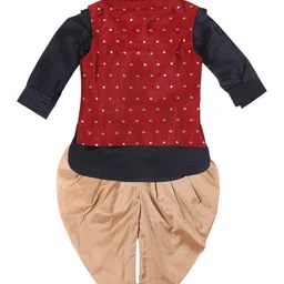 VASTRAMAY Boys Navy Blue Kurta with Dhoti Pant With Maroon Woven Nehru Jacket image 3