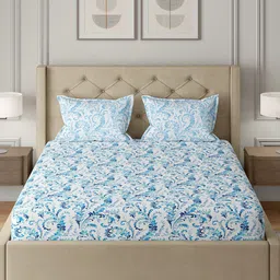 GM White & Blue Printed Cotton 140 TC Queen Bedsheet with 2 Pillow Covers image 3