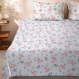 MODEFE Off White & Pink Floral Microfiber 144 TC Queen Bedsheet With 2 Pillow Covers image 5
