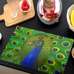 REVEXO Green & Blue 6 Pieces Peacock Printed Rectangular Table Placemats image 2