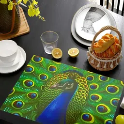 REVEXO Green & Blue 6 Pieces Peacock Printed Waterproof Table Placemats image 2