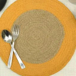 HOMADORN Brown & Yellow 4 Pieces Braided  Cotton Round Reversible Table Placematss image 4