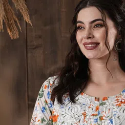 ADA Floral Printed Round Neck Regular Lucknowi Chikankari Kurta with Trousers image 2