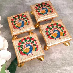 apka mart GoldToned and Red 4 Pieces Wooden Minakari Pooja Chowki image 2