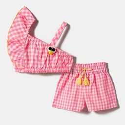 Nauti Nati Girls Checked One Shoulder Ruffled Pure Cotton Crop Top With Shorts image 2