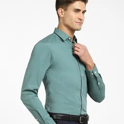 SELECTED Men Teal Slim Fit Cotton Formal Shirt image 3