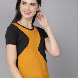 THE EG STORE Women Black & Mustard Yellow Colourblocked T-shirt image 5