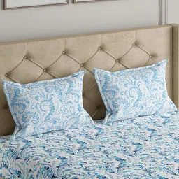 GM White & Blue Printed Cotton 140 TC Queen Bedsheet with 2 Pillow Covers image 2