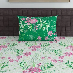 Divine Casa White & Green Floral 120 TC Single Bedsheet with 1 Pillow Covers image 3