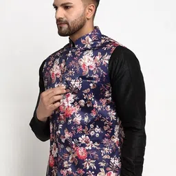 Benstoke Men Blue & Pink Floral Printed Nehru Jacket image 3