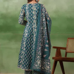 Sangria Floral Printed Pure Cotton Anarkali Kurta With Trousers & Dupatta image 5