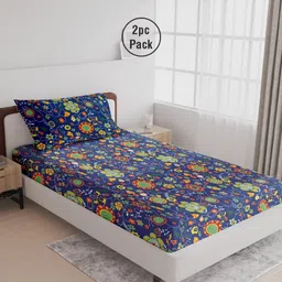 LABHAM Navy Blue & Green 180 TC 2 Single Bedsheet with 2 Pillow Covers image 2