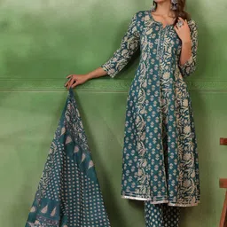 Sangria Floral Printed Pure Cotton Anarkali Kurta With Trousers & Dupatta image 1