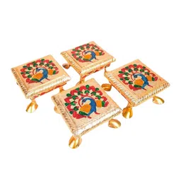 apka mart GoldToned and Red 4 Pieces Wooden Minakari Pooja Chowki image 5