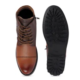 FAUSTO Men Tan Brown Colourblocked Leather High-Top Flat Boots image 3