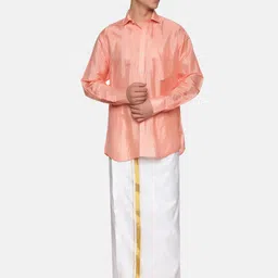 Sethukrishna Men Peach-Coloured & White Shirt With Dhoti Pants image 3